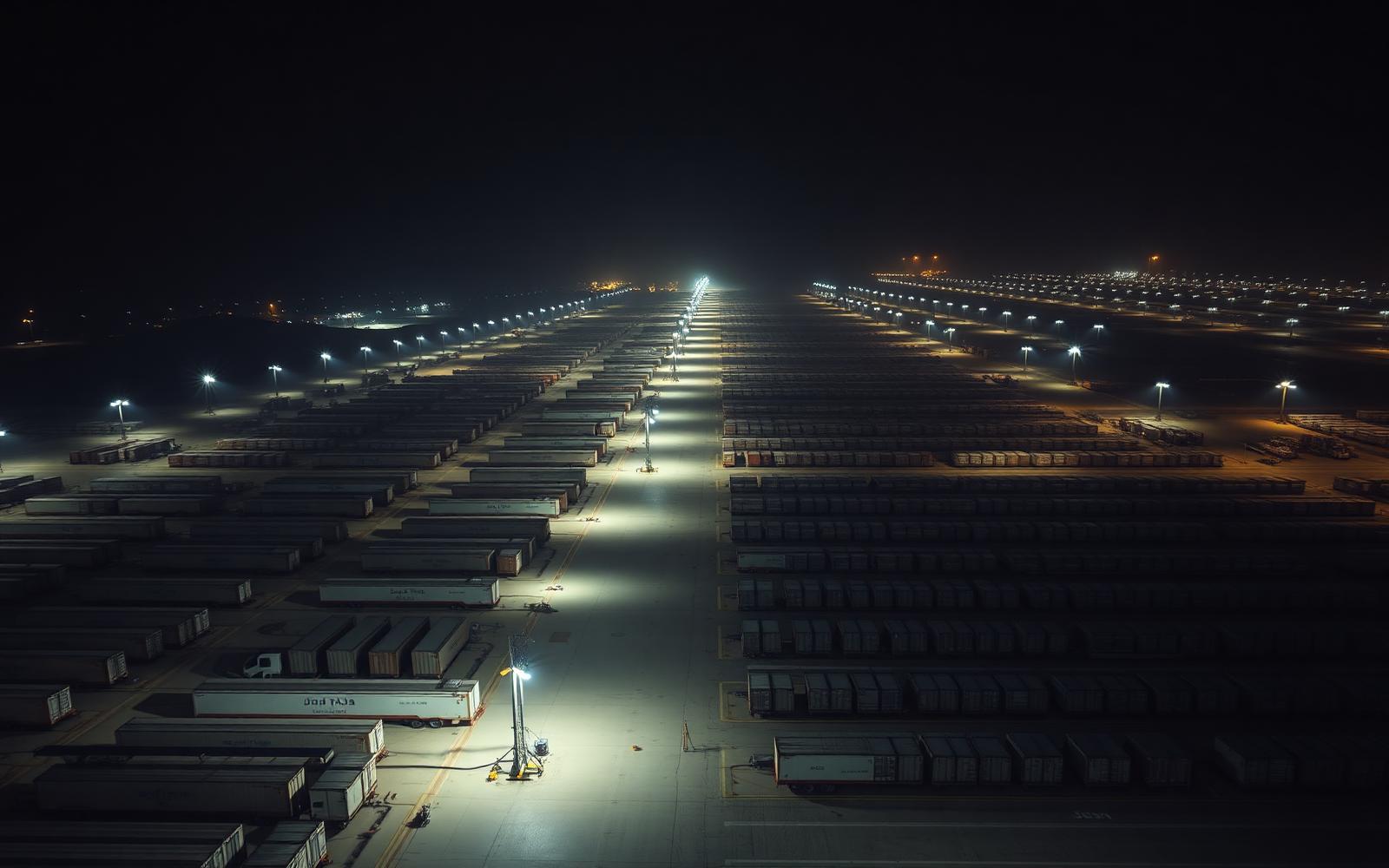 Saudi Arabian logistics yard at night with flatbed trailers